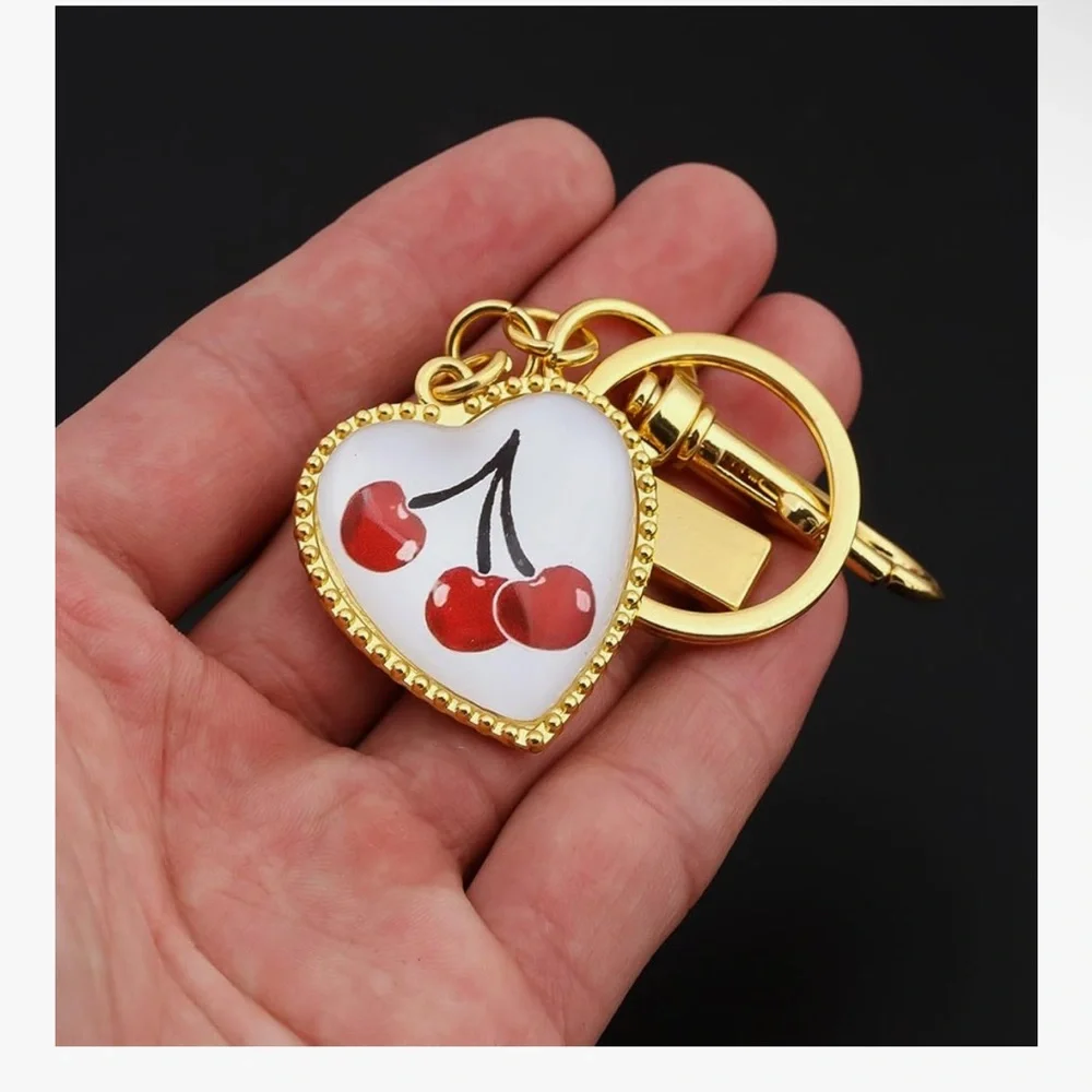 🆕 Gold Heart Cherry Keychain Charm - Women Accessories